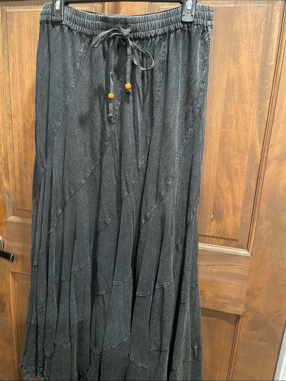 Black Maxi Skirt with Drawstring and Bead Detail